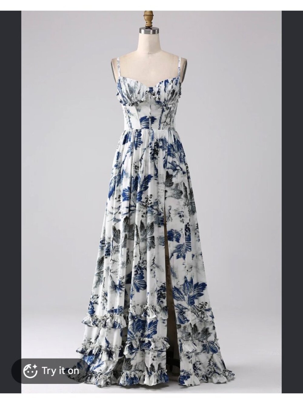 Blue A-Line Spaghetti Straps Pleated Printed Long Bridesmaid Dress Size 22 NWOT